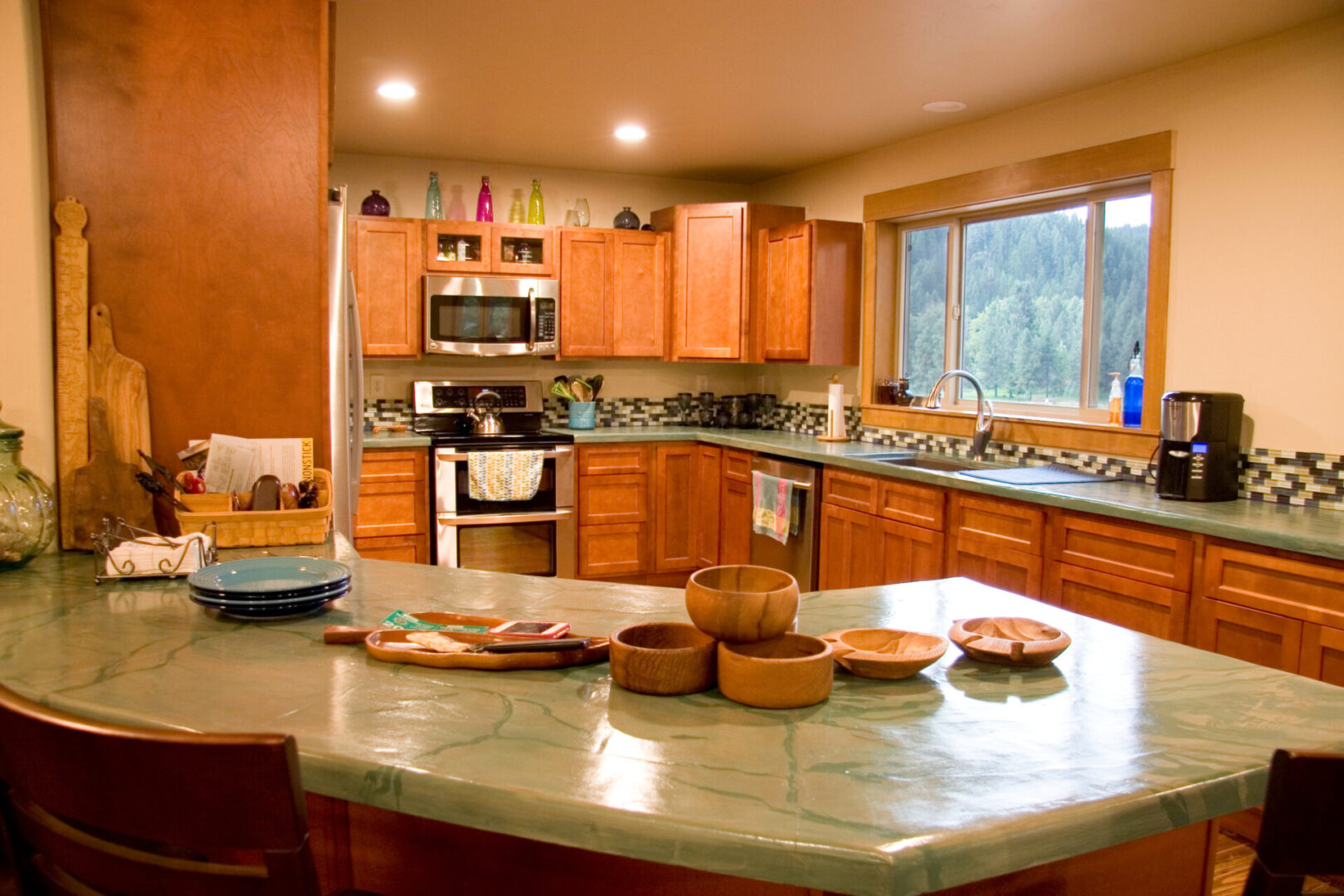 Wooden-themed kitchen with an island