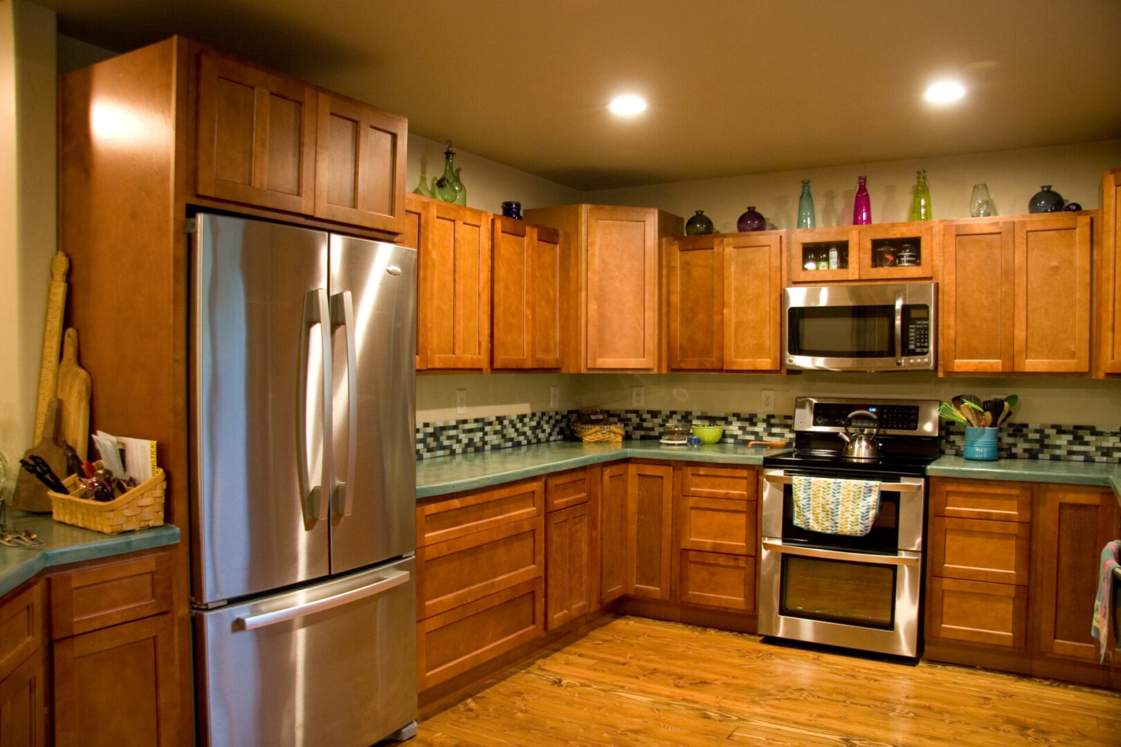 Clean kitchen with wooden cupboards
