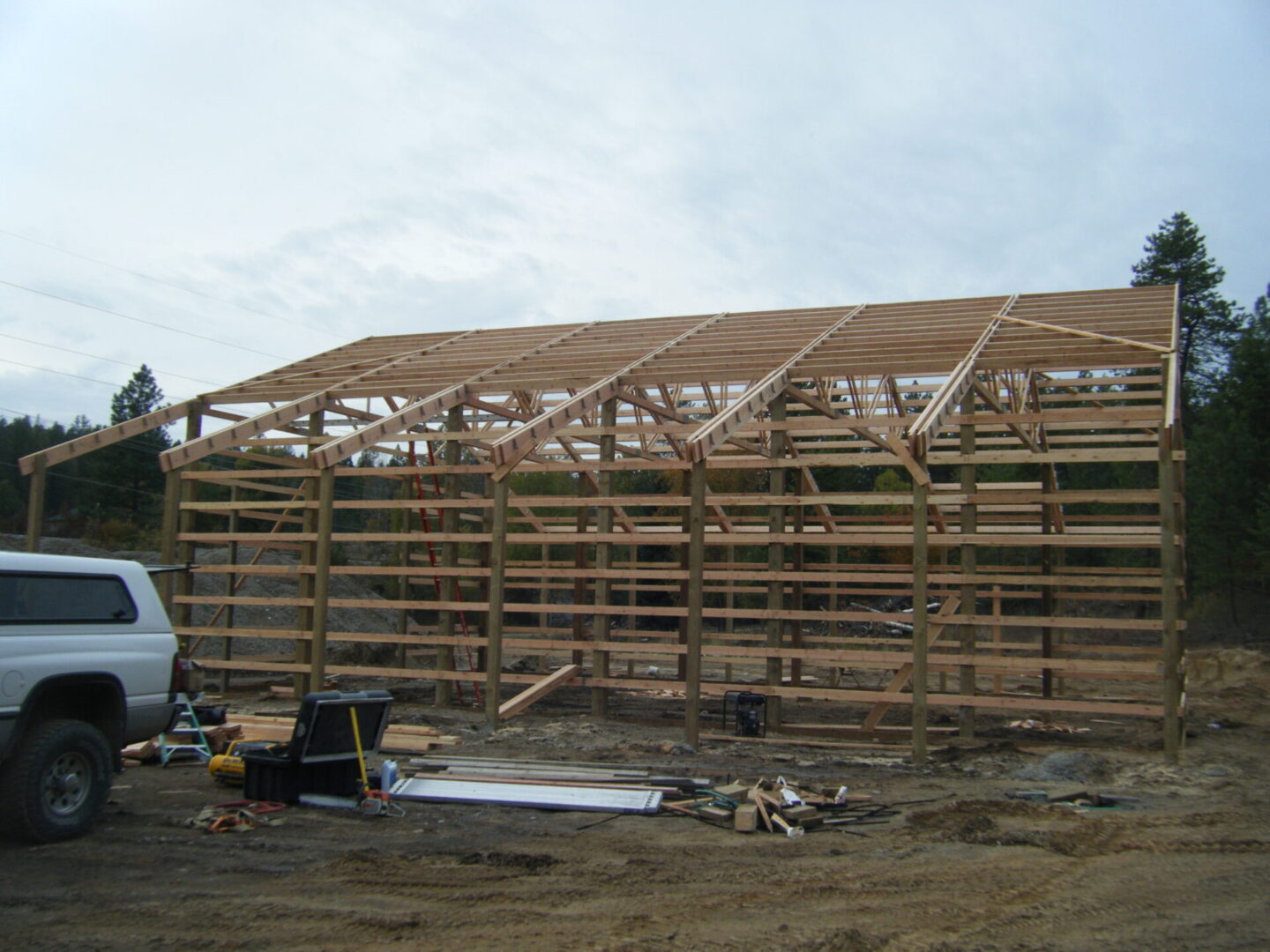 Side view of the wooden foundation of a new house being constructed