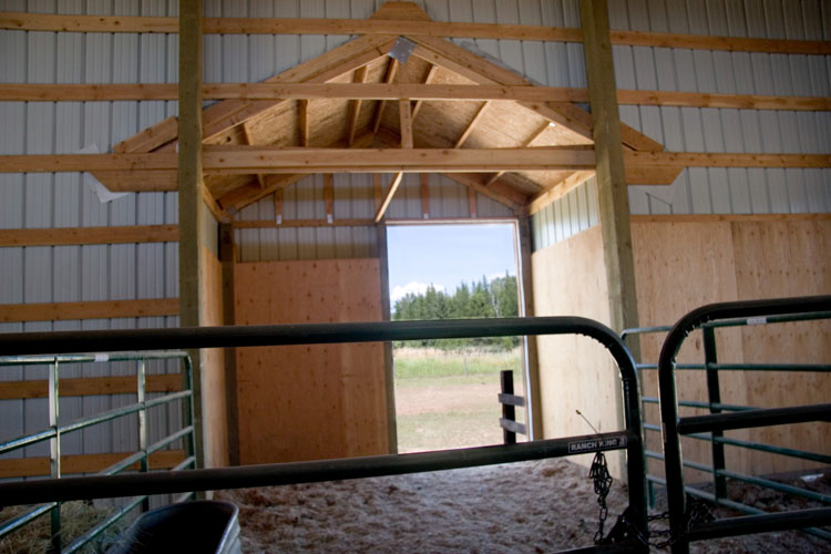 Wooden and steel enclosures inside a barn